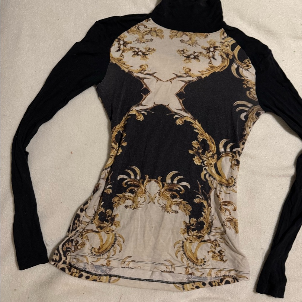 Just Cavalli Cream and Tan Fitted Graphic turtleneck